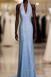 Vintage Mermaid Halter Neck Blue Sequin Evening Prom Gown Fairy Evening Prom Dresses